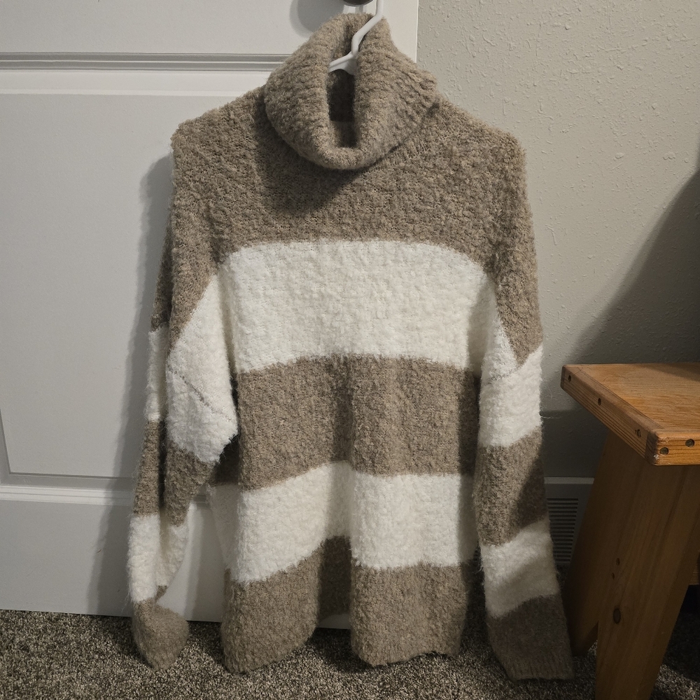 Pink Lily Beige and Cream Fuzzy Stripped Turtleneck Sweater